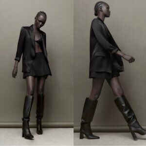 Zara Women's Black Leather Knee High Boots Pointed Toe Block Heel Size EU 38